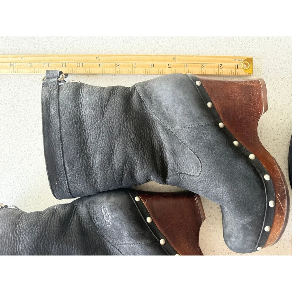 UGG Women 8 Black Leather Suede Shearling Cuff Studded Wood Heel Clog Boots